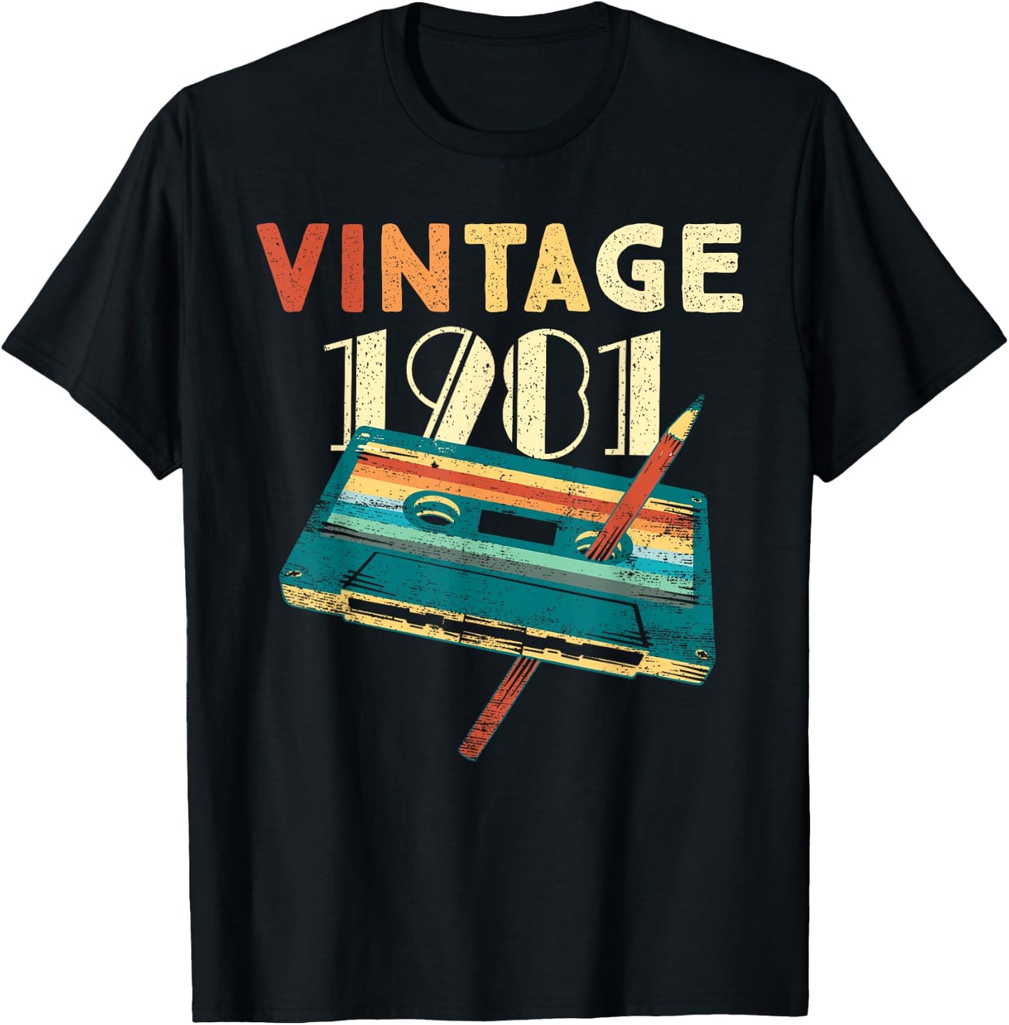 Vintage 1981 Music Cassette 44th Birthday Gifts 44 Years Old T-Shirt - T-Shirt | Black