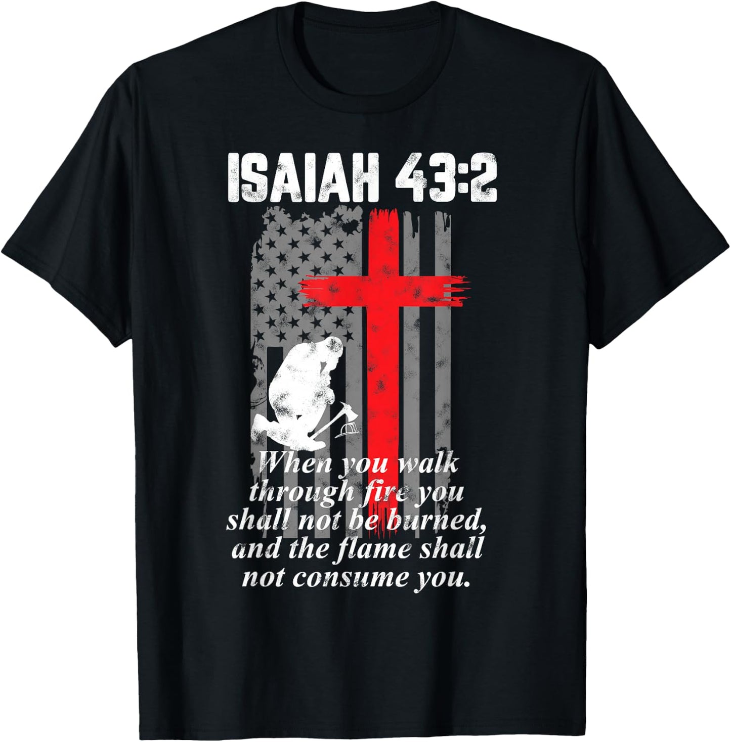 Thin Red Line Firefighter Cross Bible Verse American Flag Small T-Shirt - T-Shirt | Black