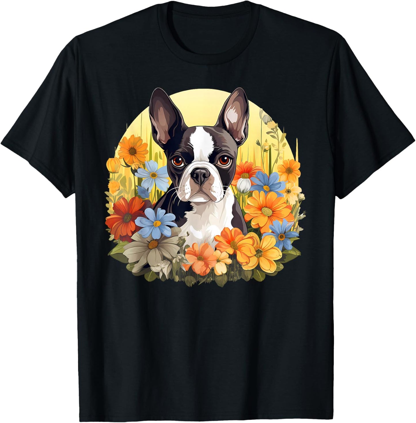 Cute Boston Terrier Spring Flower Garden Colorful Puppy Dog T-Shirt - T-Shirt | Black