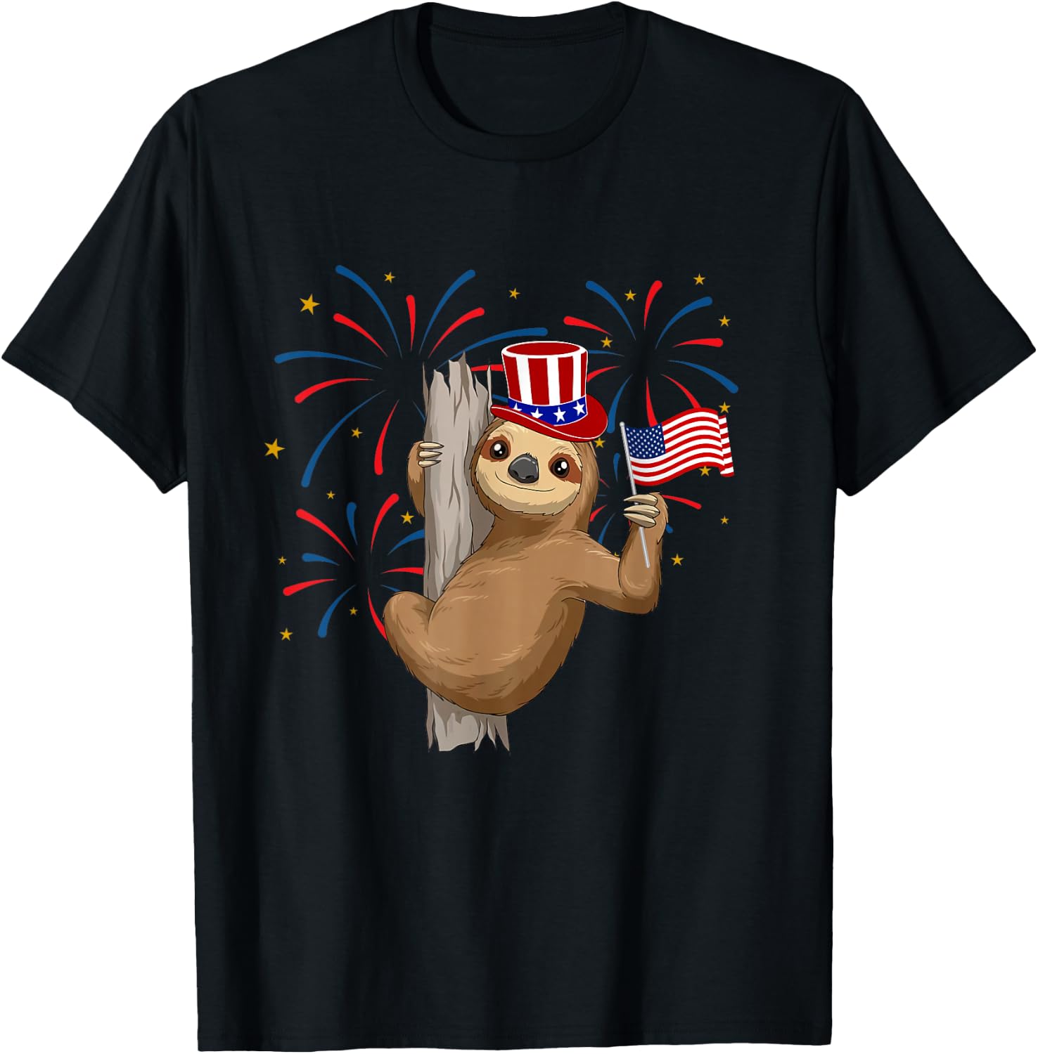 Funny 4th of July Sloth With American Flag Patriotic T-Shirt - T-Shirt | Black