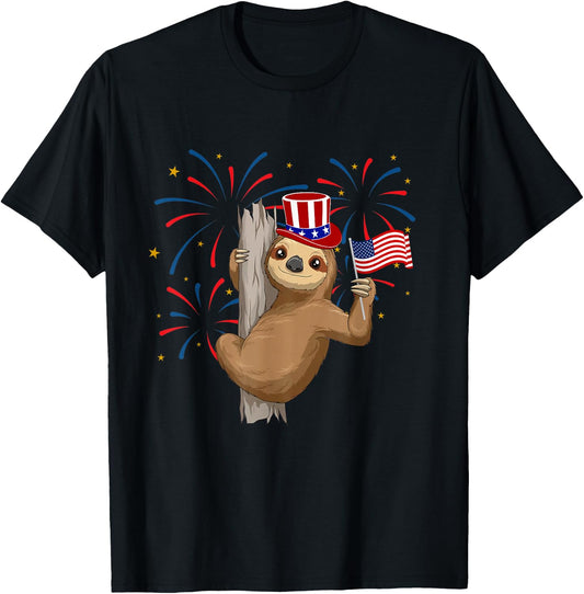Funny 4th of July Sloth With American Flag Patriotic T-Shirt - T-Shirt | Black