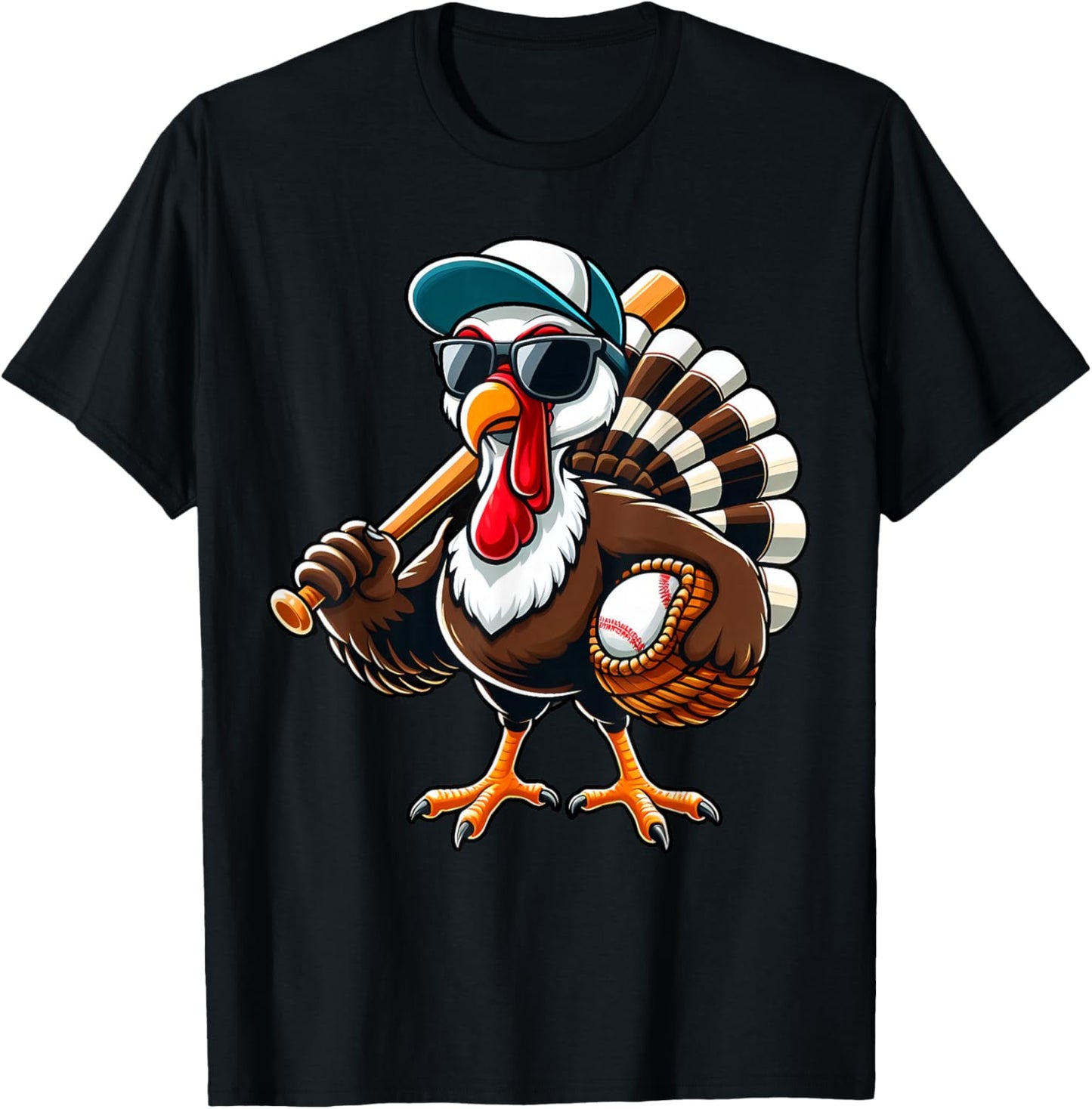 Turkey Baseball Thanksgiving Fall Turkey Playing Baseball T-Shirt - T-Shirt | Black