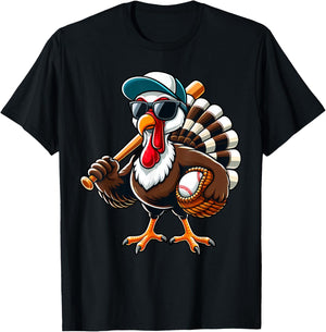 Turkey Baseball Thanksgiving Fall Turkey Playing Baseball T-Shirt - T-Shirt | Black