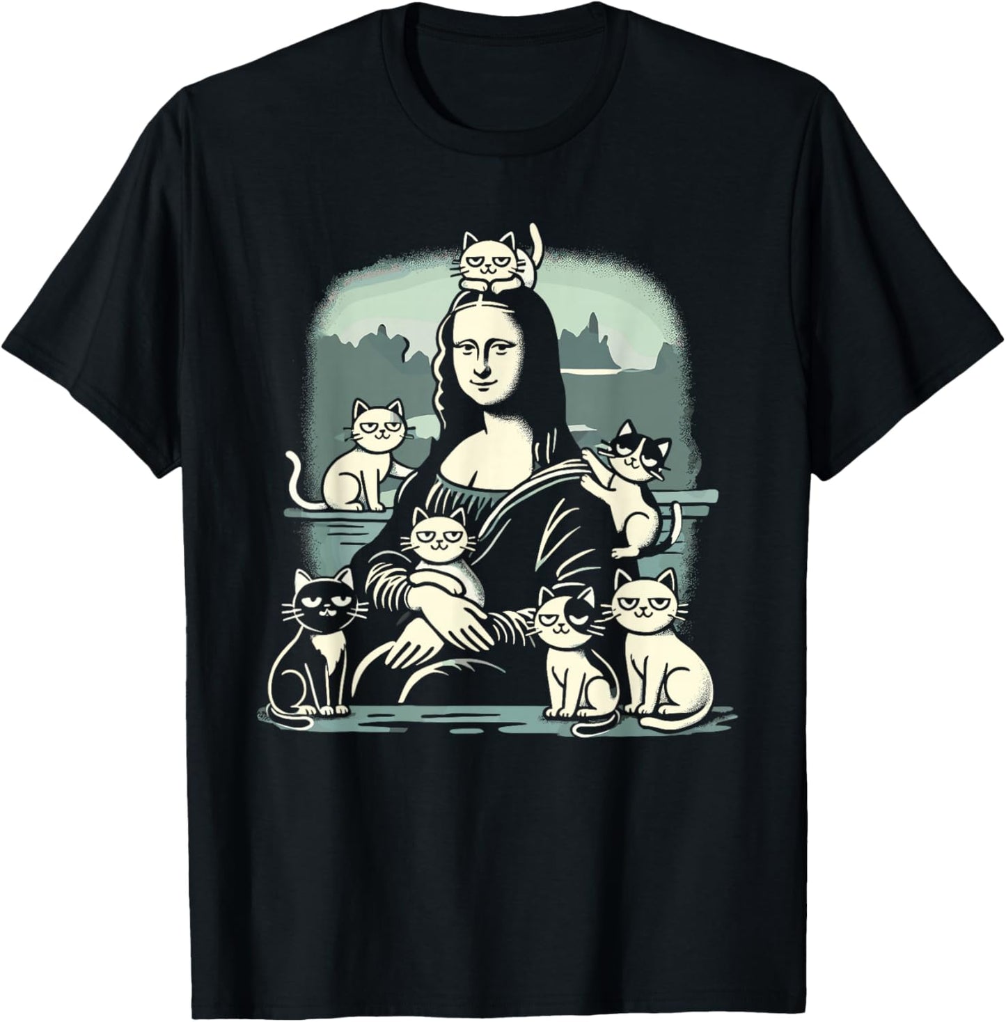 Retro Mona Lisa with Cats Novelty Men Women Kids Funny Cat T-Shirt - T-Shirt | Black