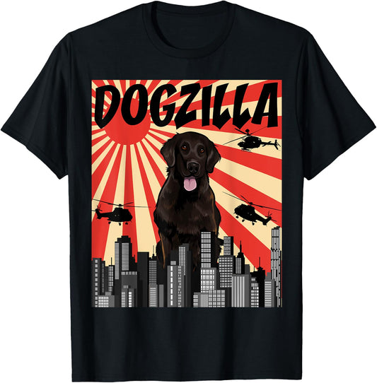 Funny Retro Japanese Dogzilla Flat-Coated Retriever T-Shirt - T-Shirt | Black