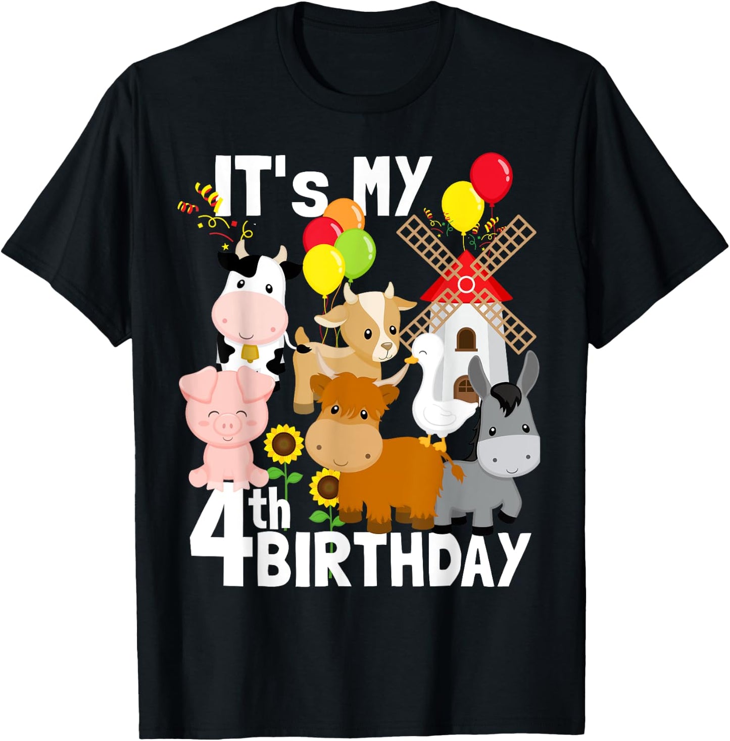 Farm Animals 4 Year Old It's My 4th Birthday Party Farm T-Shirt - T-Shirt | Black