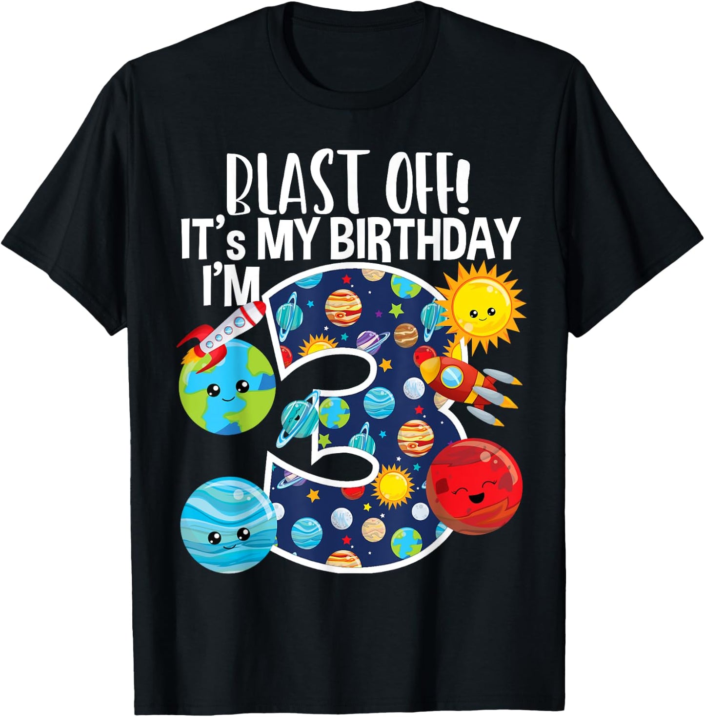 Space Planets Funny Solar Space 3rd Birthday Party 3 Yrs Old T-Shirt - T-Shirt | Black