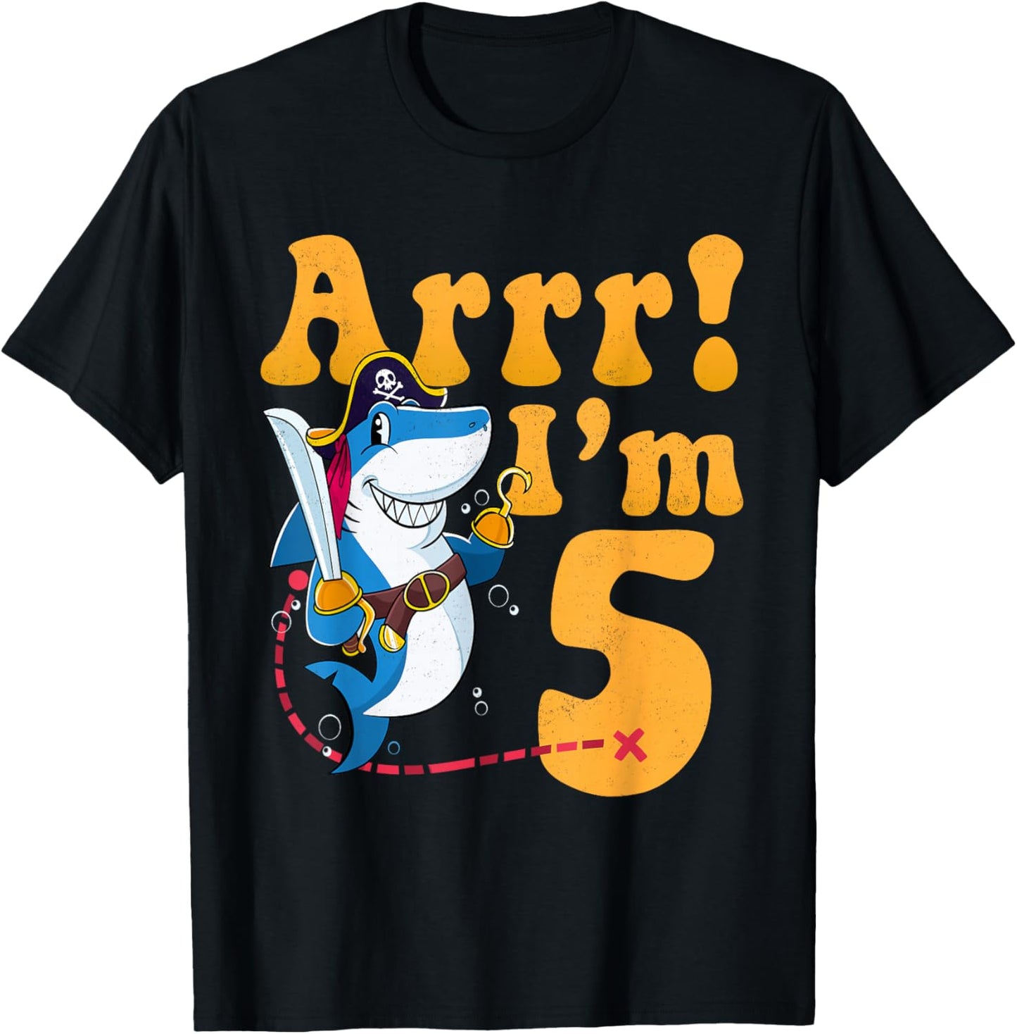 Kids 5th Shark Pirate Birthday Party 5 Five Years Old Boys T-Shirt - T-Shirt | Black