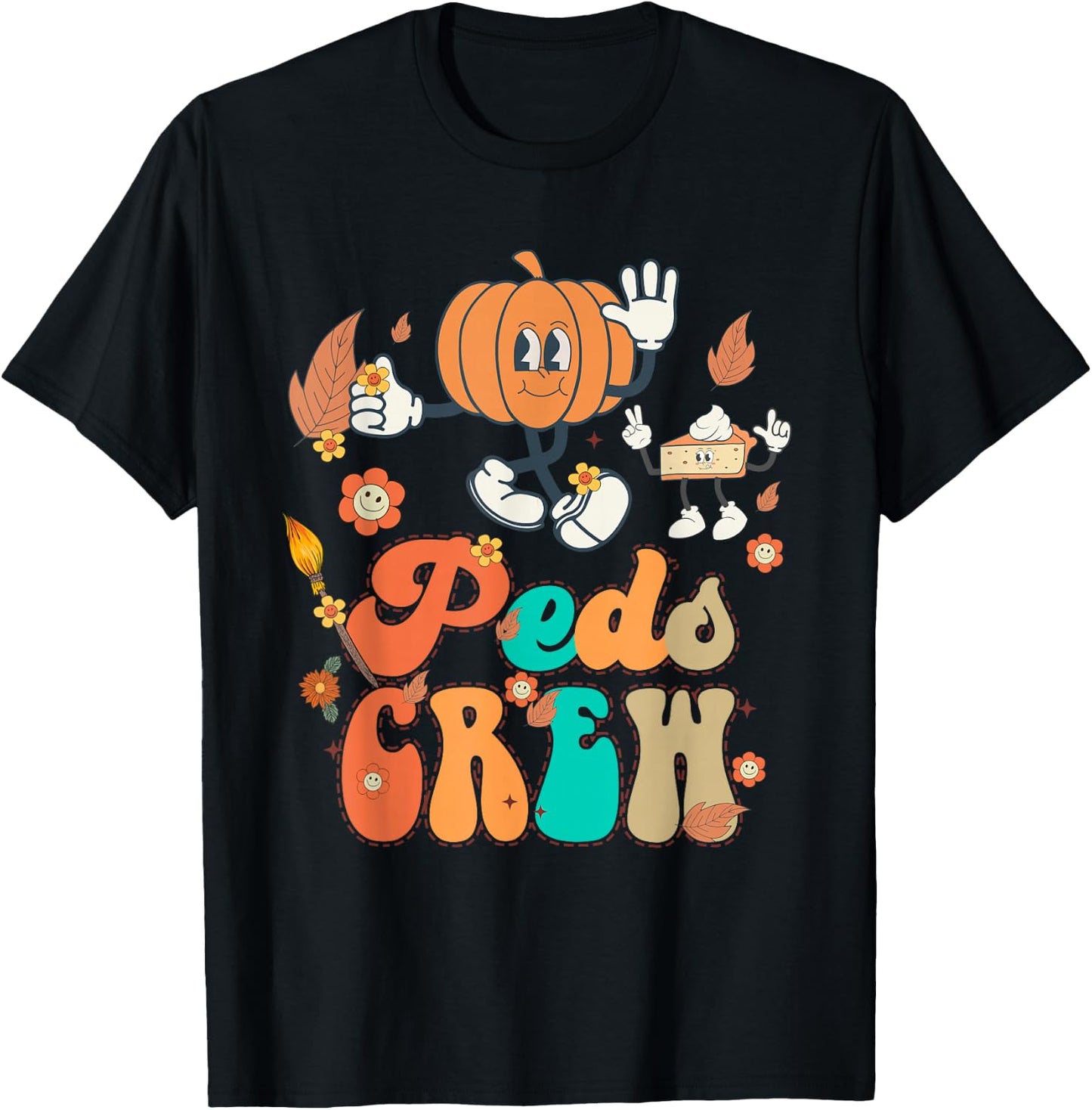 PEDS Crew Pumpkin Thanksgiving Fall Pediatric Nurse Retro T-Shirt - T-Shirt | Black