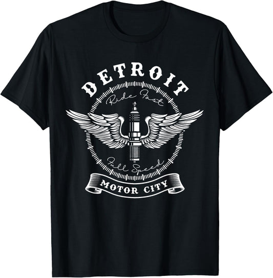 Detroit Michigan Motor City Spark Plug Wings Ride Fast Speed T-Shirt - T-Shirt | Black