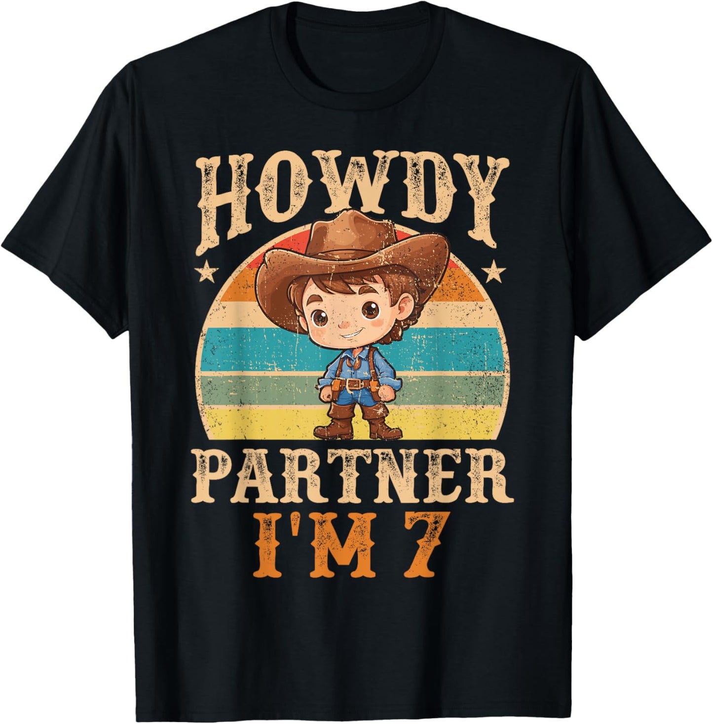 Howdy Partner I'm 7 Cowboy 7th Birthday Country Western Boy T-Shirt - T-Shirt | Black