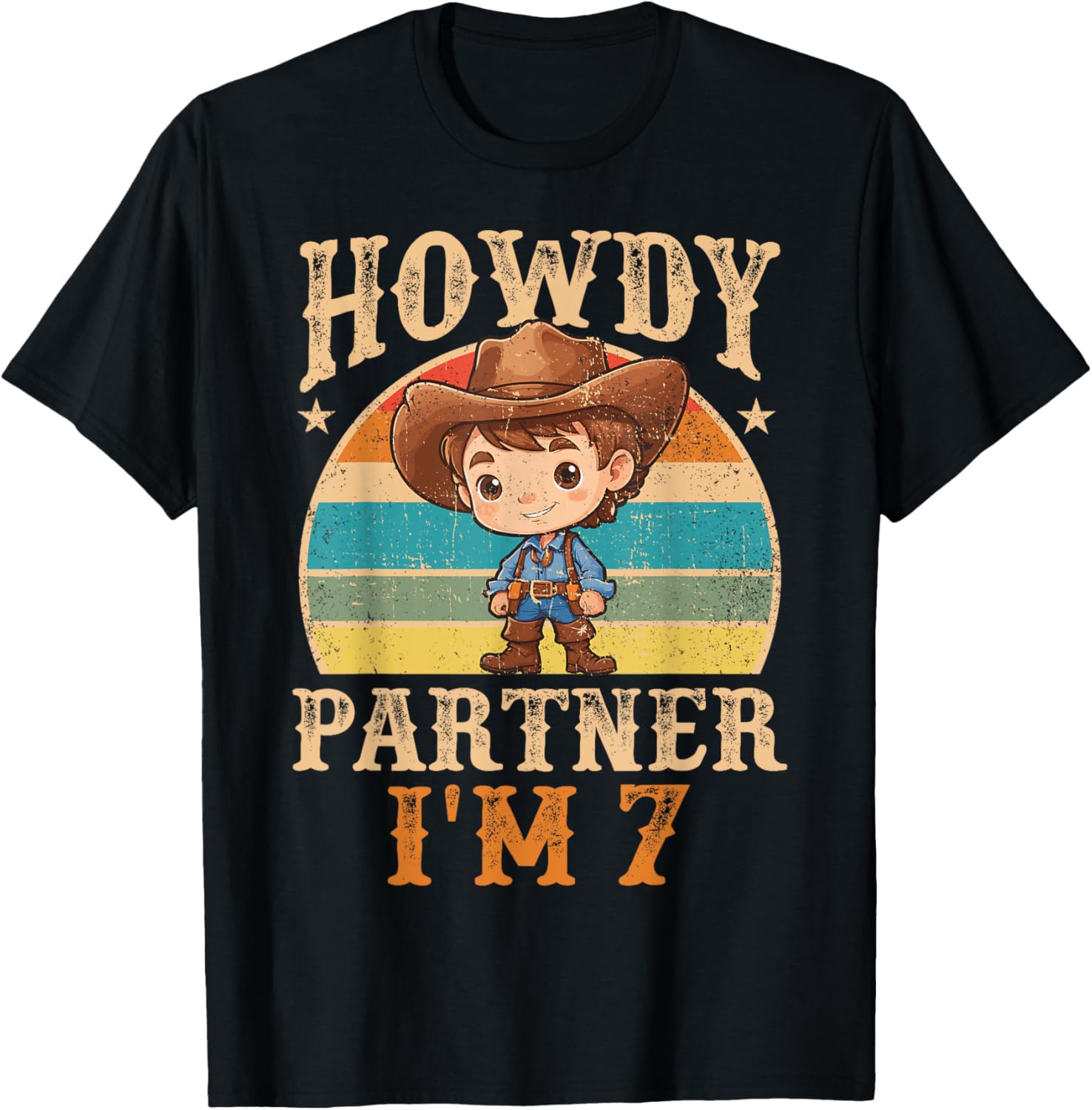 Howdy Partner I'm 7 Cowboy 7th Birthday Country Western Boy T-Shirt - T-Shirt | Black