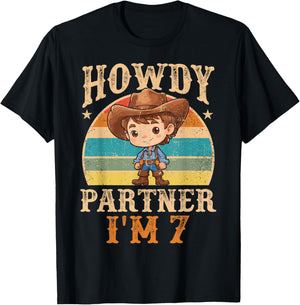 Howdy Partner I'm 7 Cowboy 7th Birthday Country Western Boy T-Shirt - T-Shirt | Black