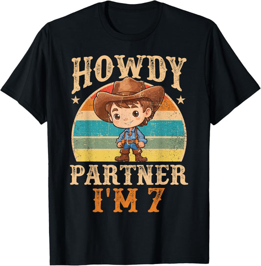 Howdy Partner I'm 7 Cowboy 7th Birthday Country Western Boy T-Shirt - T-Shirt | Black