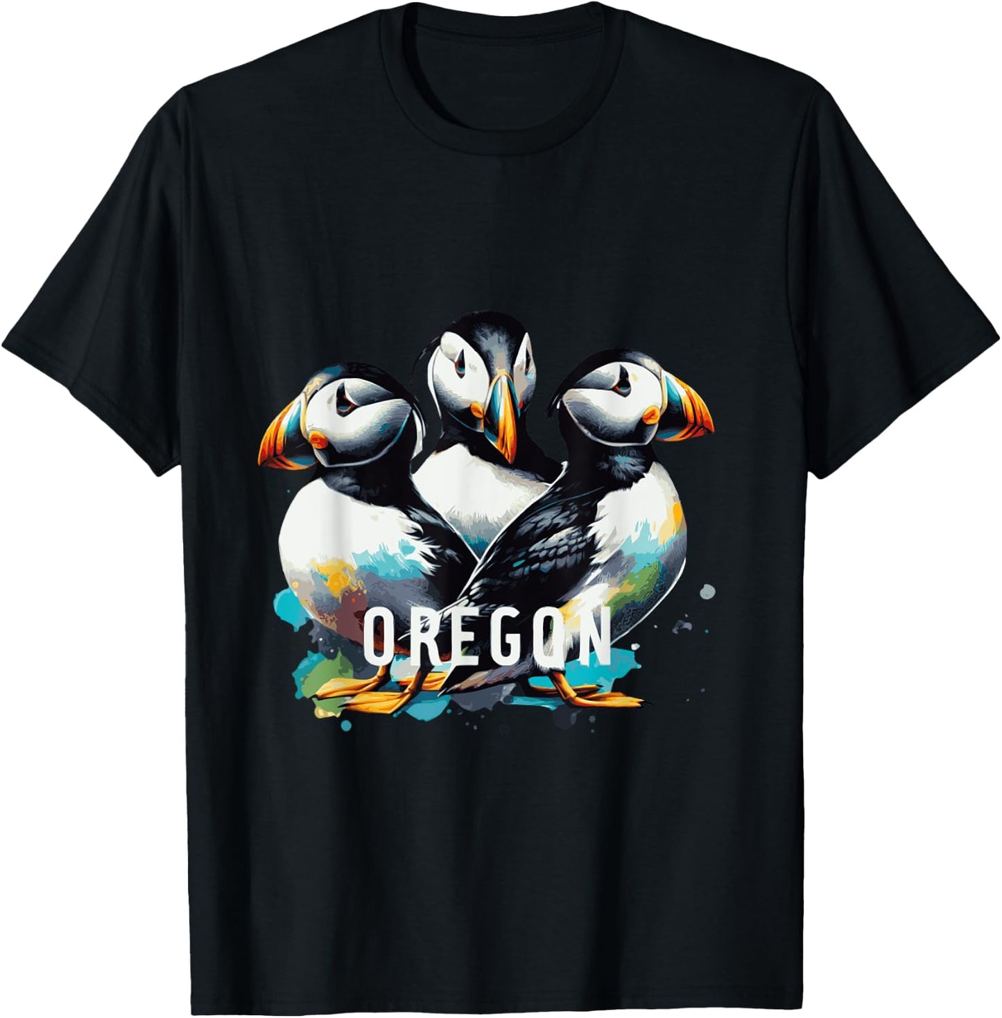 Oregon Puffins Cute birds water color T-Shirt - T-Shirt | Black