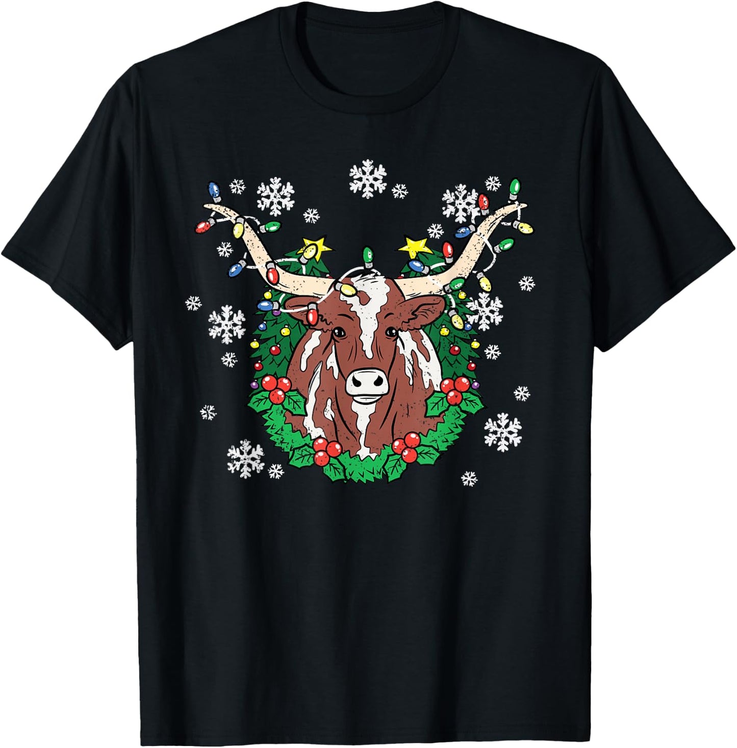 Texas Longhorn Christmas Pajama X-mas Lights Snowflakes T-Shirt - T-Shirt | Black