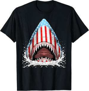 Funny Shark American Flag Jawsome 4th Of July Kids Boys Gift T-Shirt - T-Shirt | Black