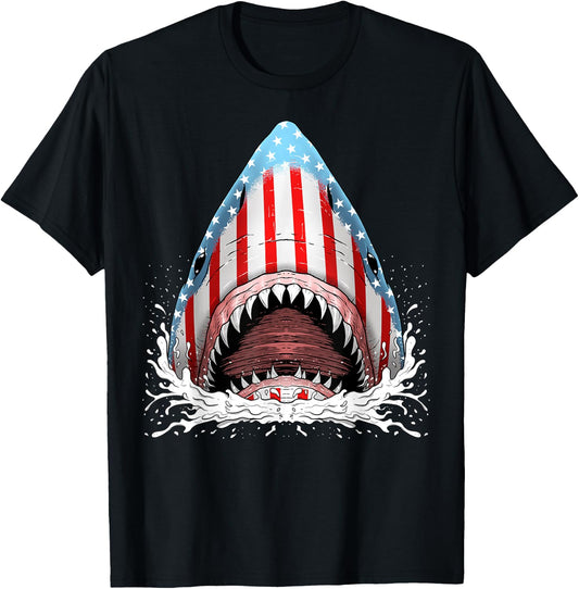 Funny Shark American Flag Jawsome 4th Of July Kids Boys Gift T-Shirt - T-Shirt | Black
