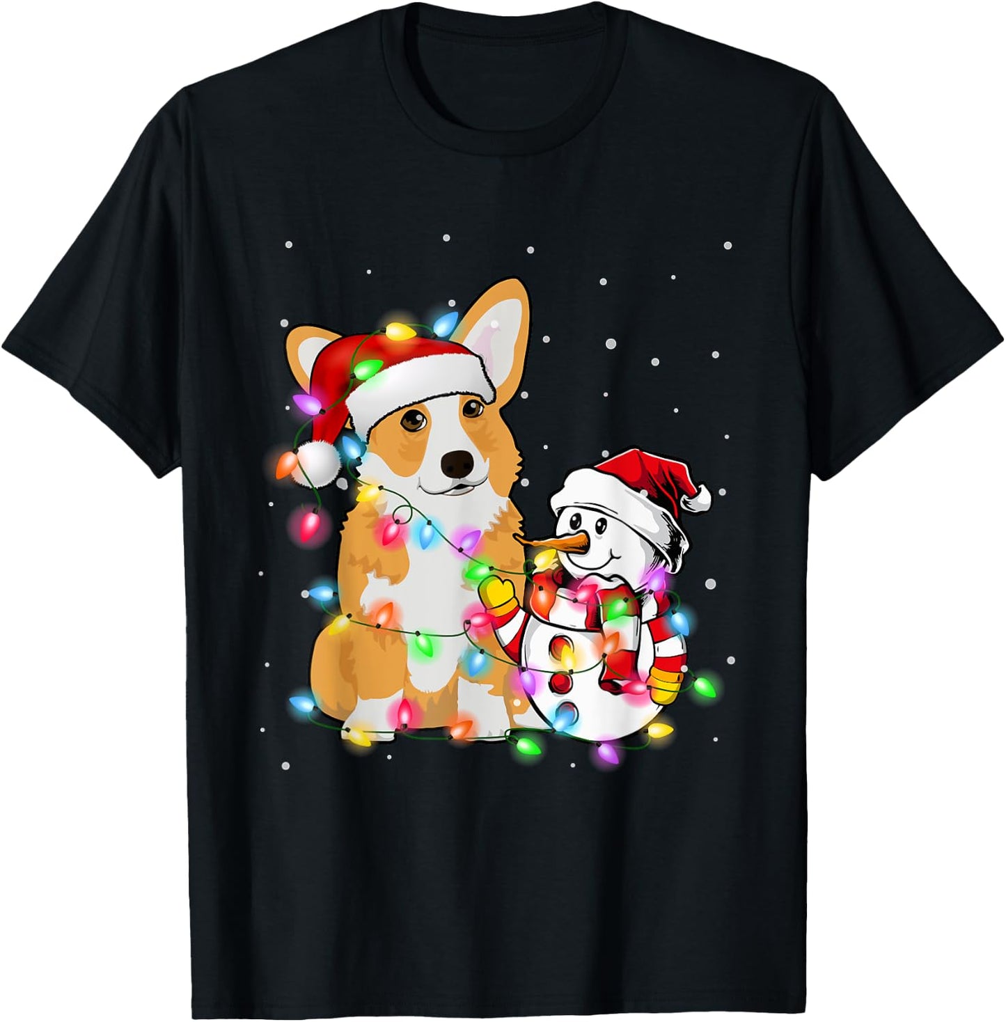 Funny Corgi Dog Christmas Snowman Xmas Lights Pajama T-Shirt - T-Shirt | Black