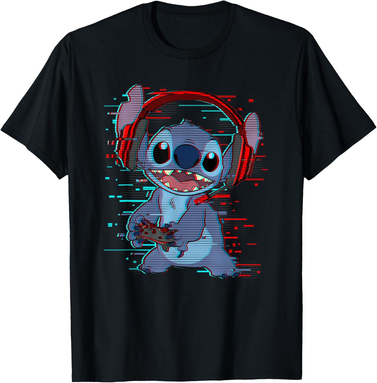 Disney Lilo & Stitch Gamer Glitch Headset and Controller T-Shirt - T-Shirt | Black