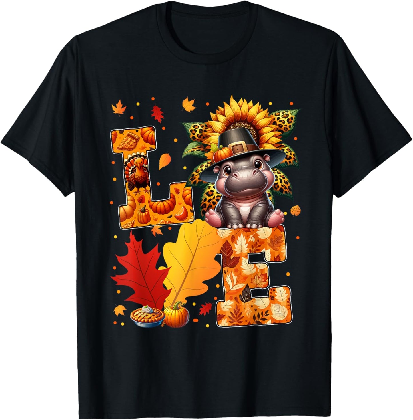 LOVE Thanksgiving Hippo Costume Fall Leaves Sunflower T-Shirt - T-Shirt | Black
