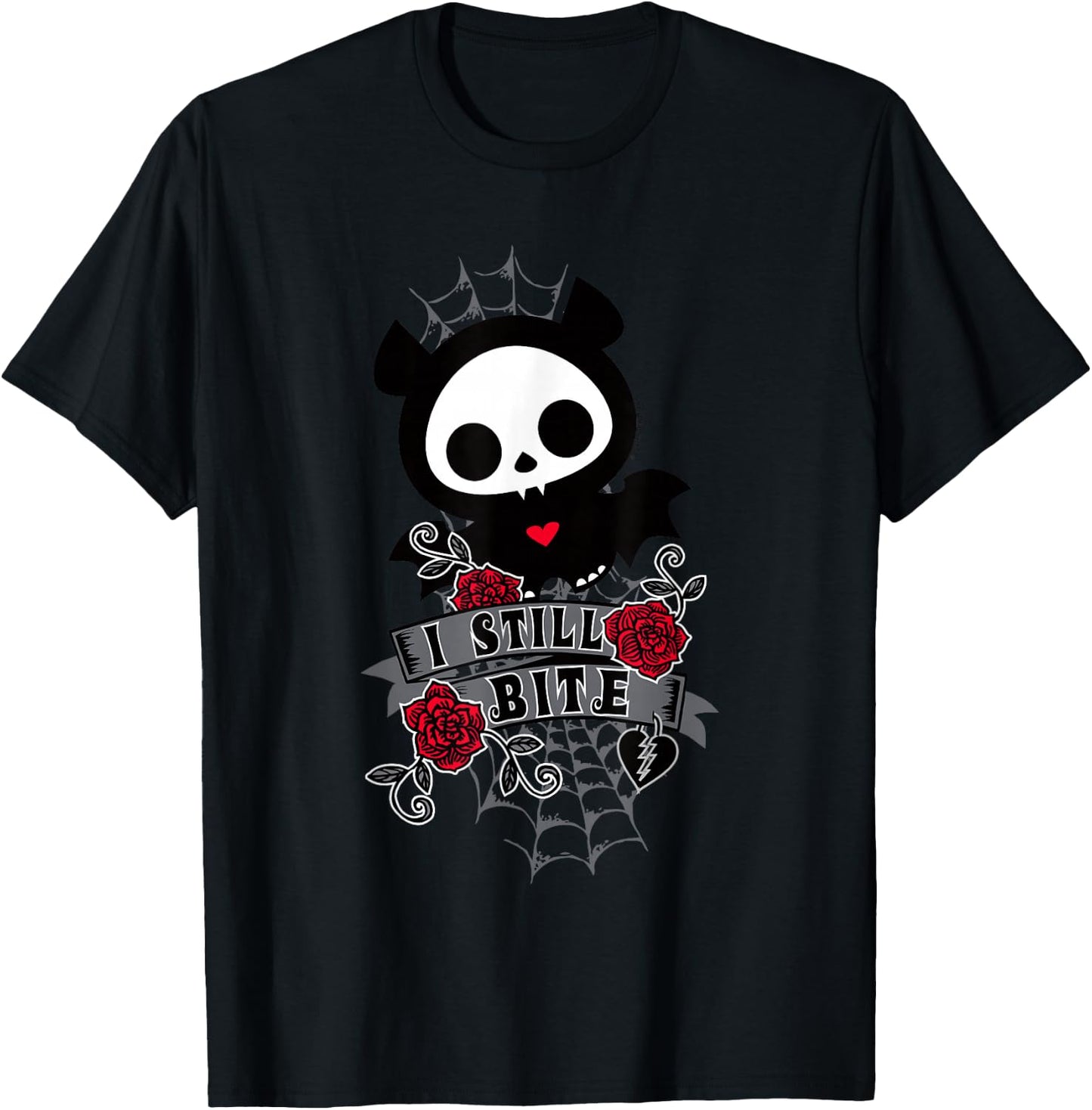 Skelanimals Diego Bat Cute I Still Bite Floral Rose Portrait T-Shirt - T-Shirt | Black