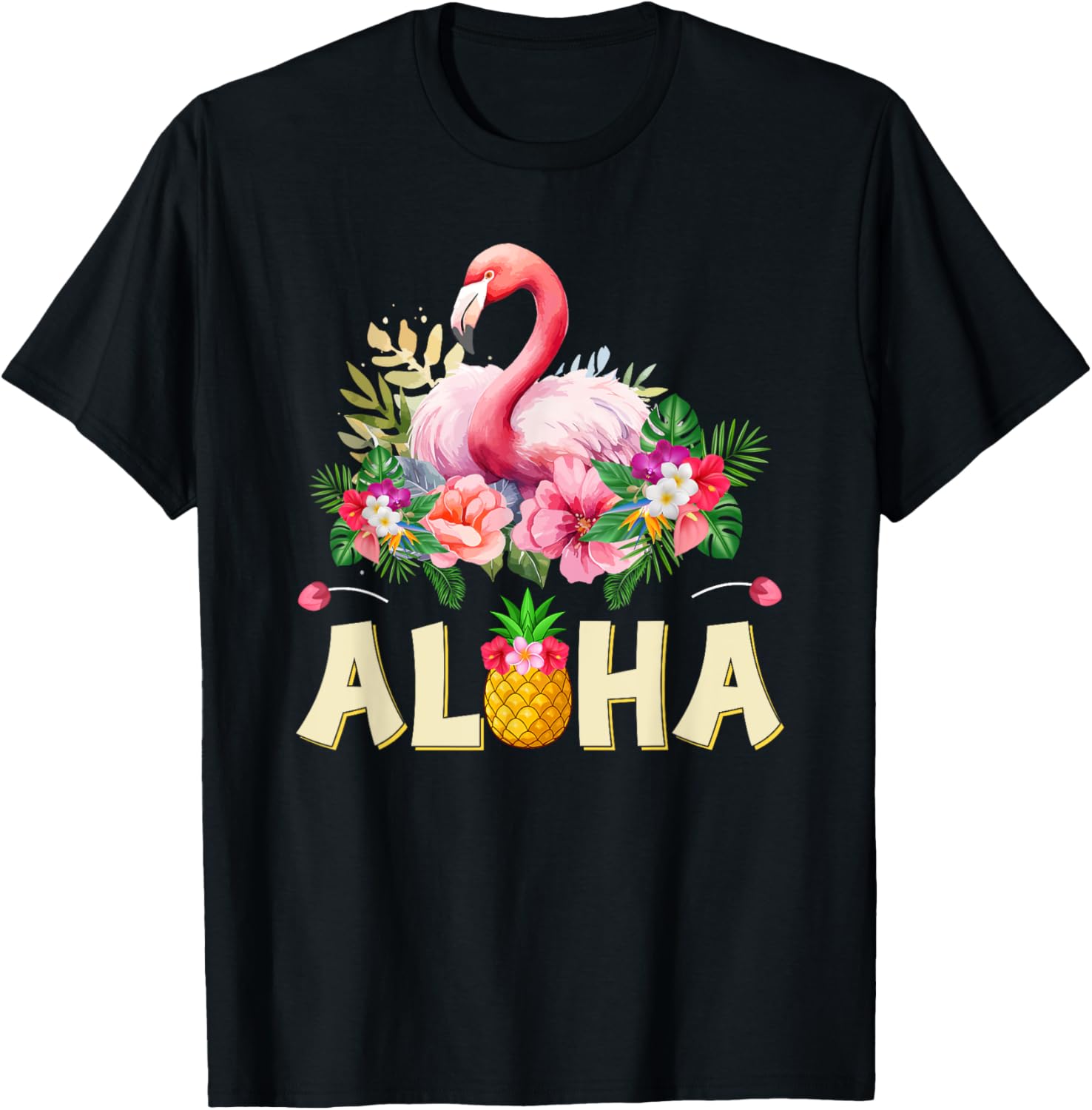 Aloha Flamingo Pineapple Hawaiin Tropical Beach Summer T-Shirt - T-Shirt | Black