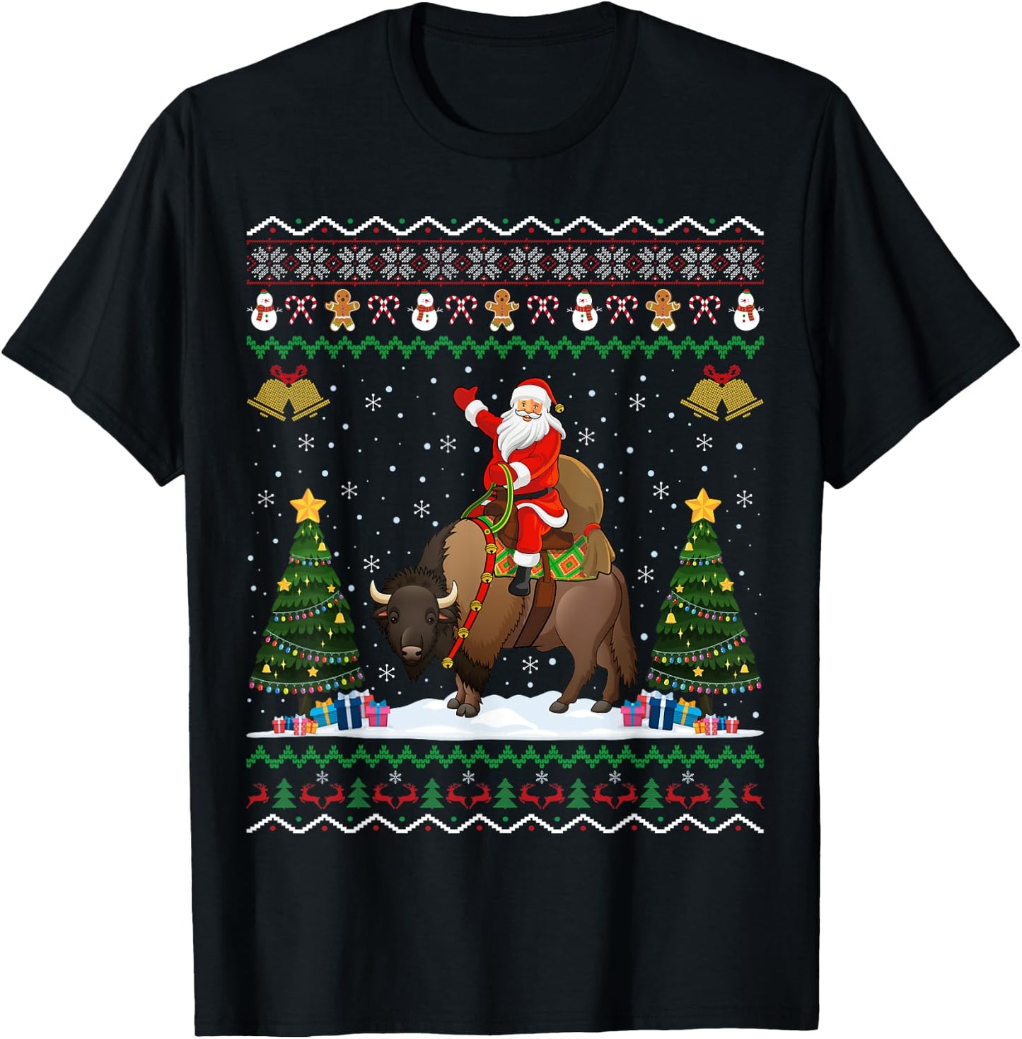 Bison Ugly Xmas Gift Santa Riding Bison Christmas T-Shirt - T-Shirt | Black