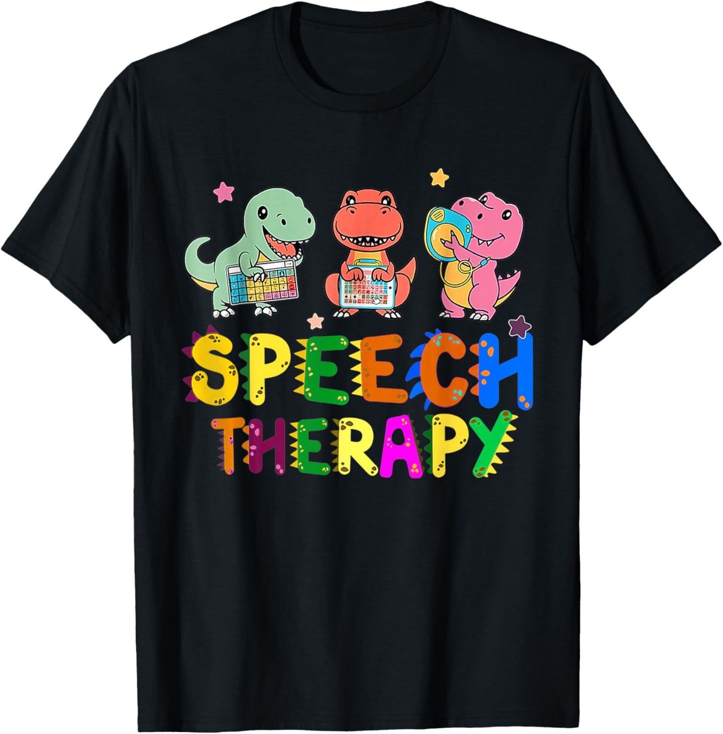 Speech Therapy Cute Dinosaur Gifts -Adult Black Small Short Sleeve Cartoon Cute Dinosaur-Theme T-Shirt - T-Shirt | Black