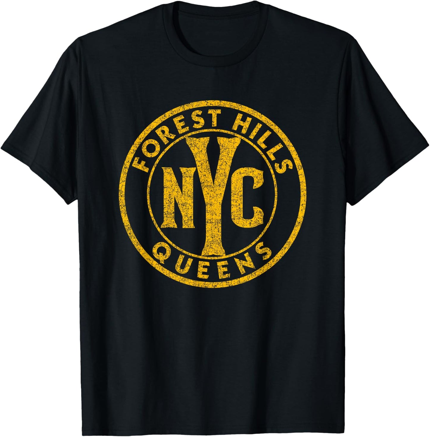 Forest Hills Queens NYC Circle Sign Distressed Amber Print T-Shirt - T-Shirt | Black