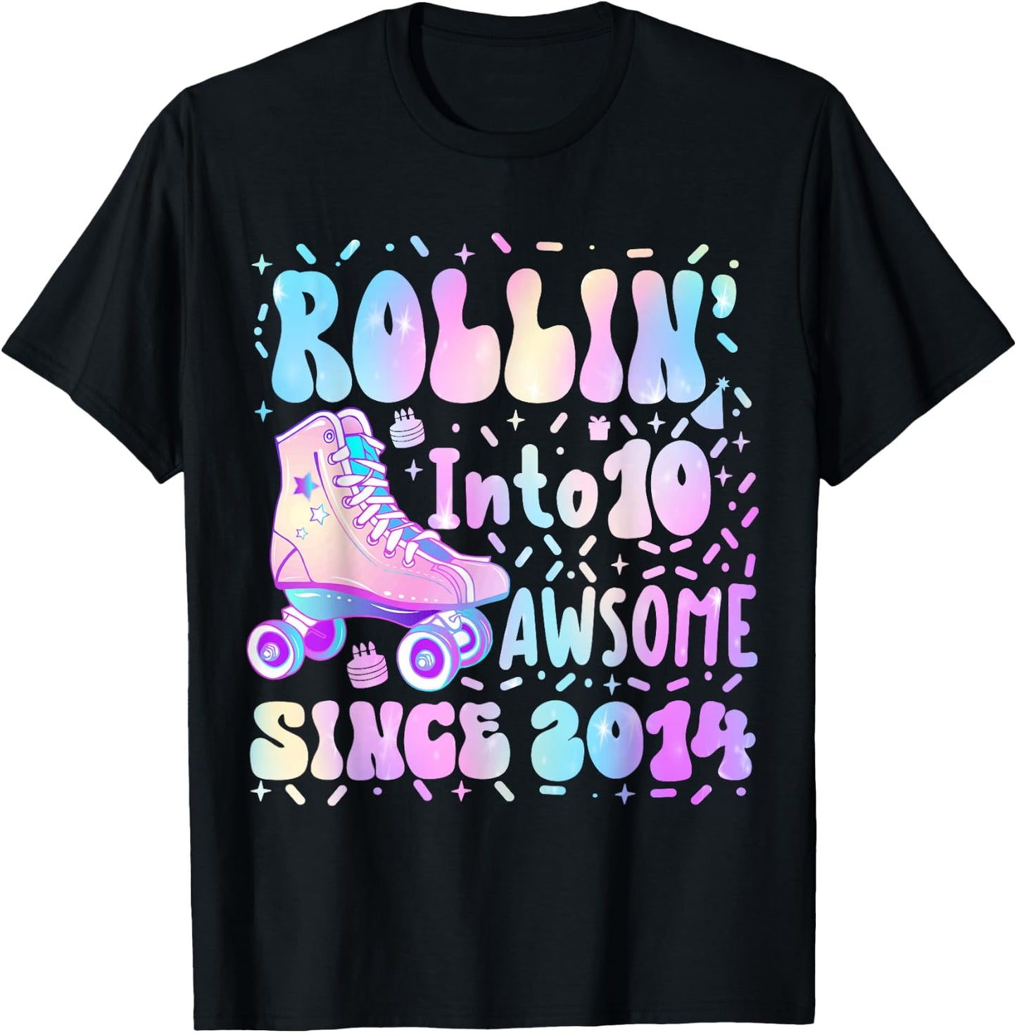 Roller Skate 10th Birthday Rolling Into 10 Since 2014 Girls T-Shirt - T-Shirt | Black