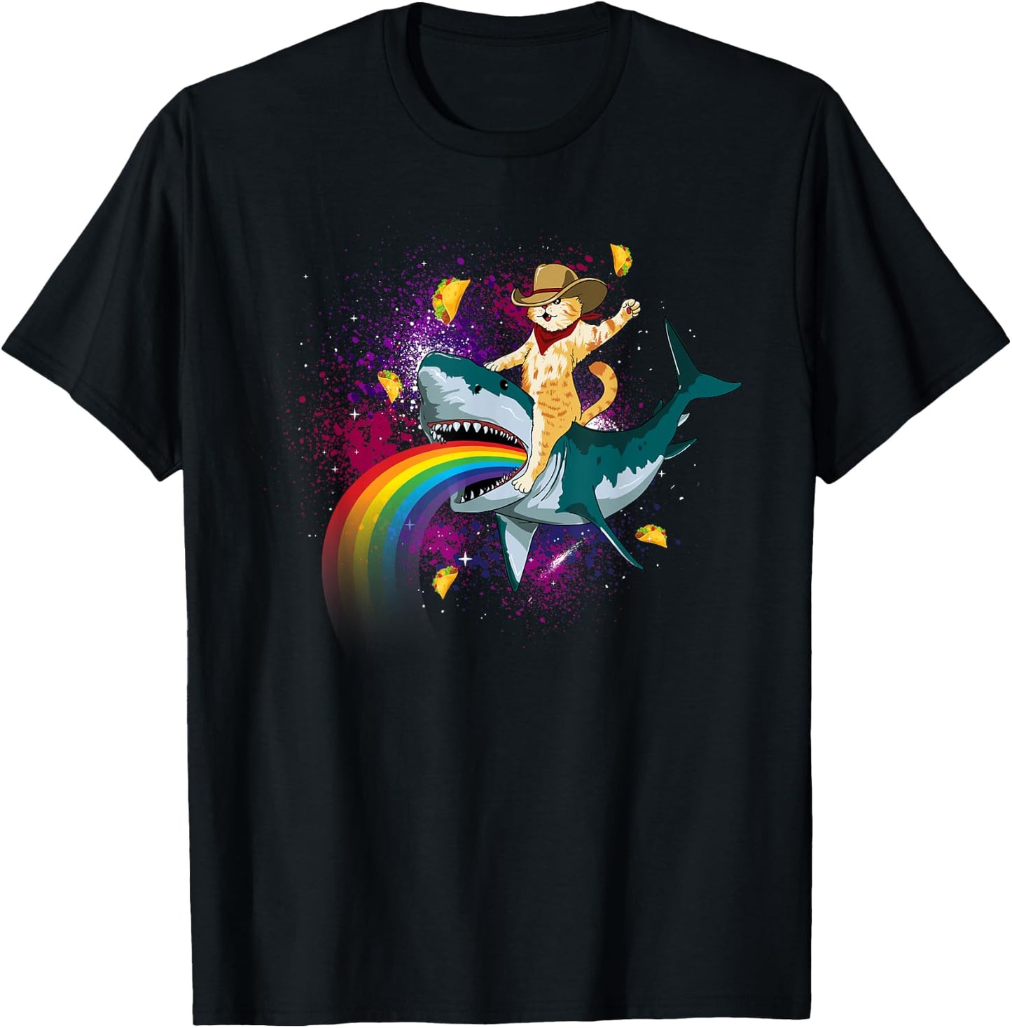 Western Cowboy Cat Riding A Shark In Taco Space Rainbow T-Shirt - T-Shirt | Black