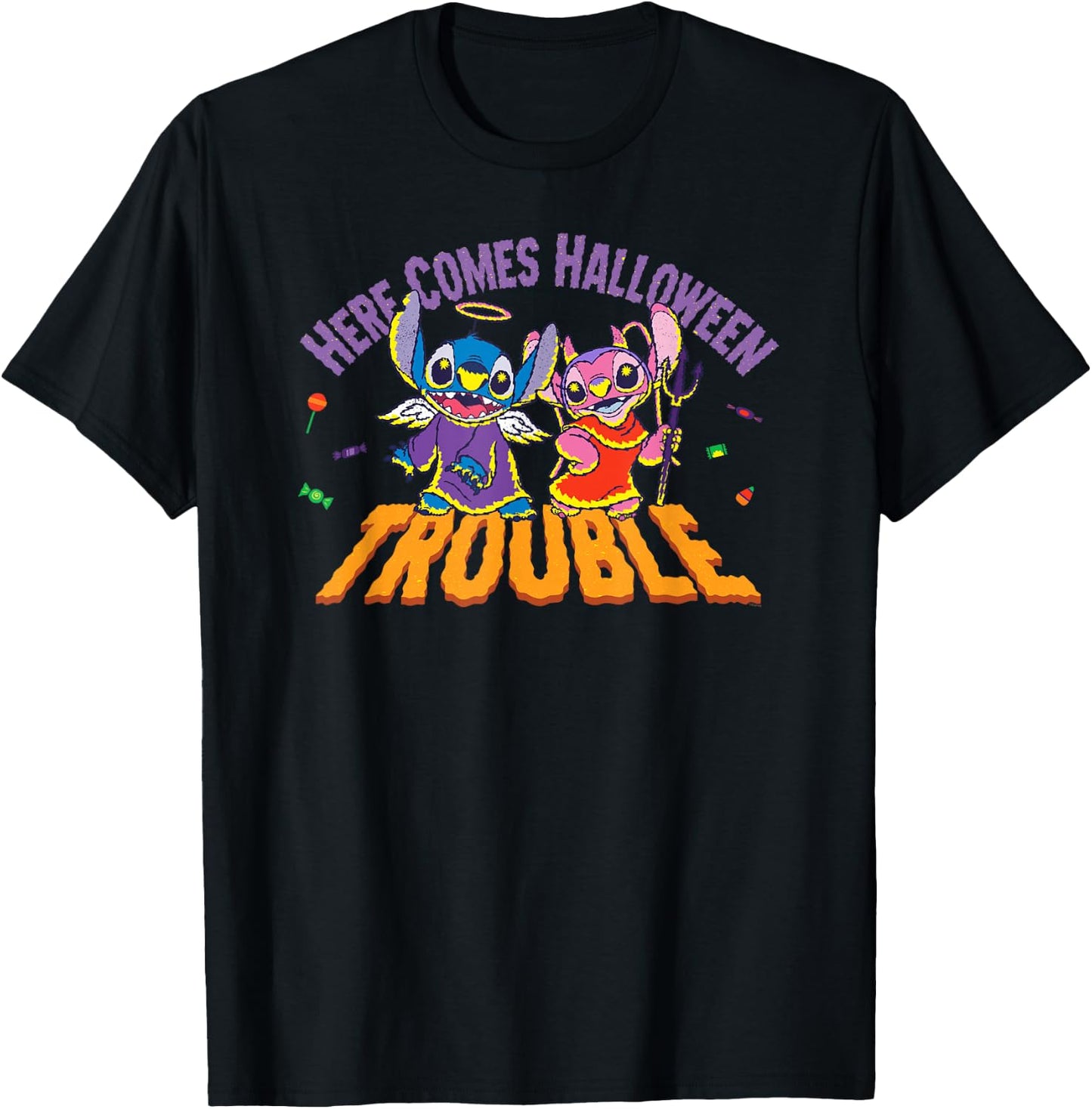 Disney Stitch & Angel Here Comes Halloween Trouble T-Shirt - T-Shirt | Black