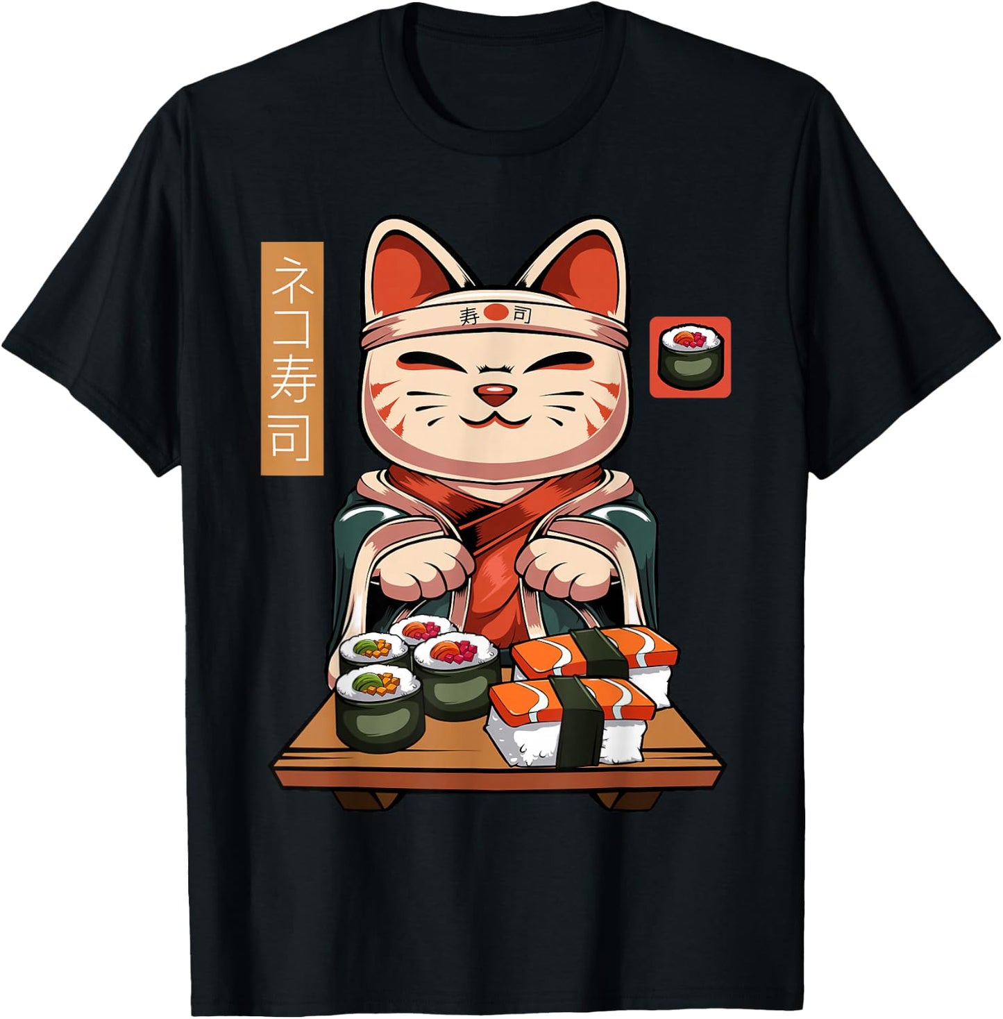 Kawaii Maneki Neko Sushi Cat - Cute Nigiri Sashimi Maki Chef T-Shirt - T-Shirt | Black