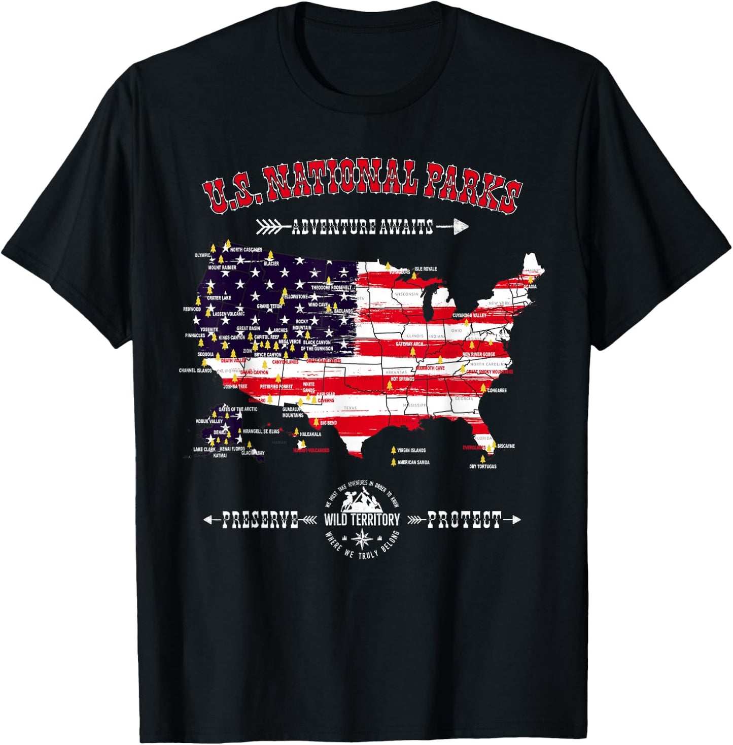 63 National Parks Map - Vintage American Flag Hiking Camping T-Shirt - T-Shirt | Black