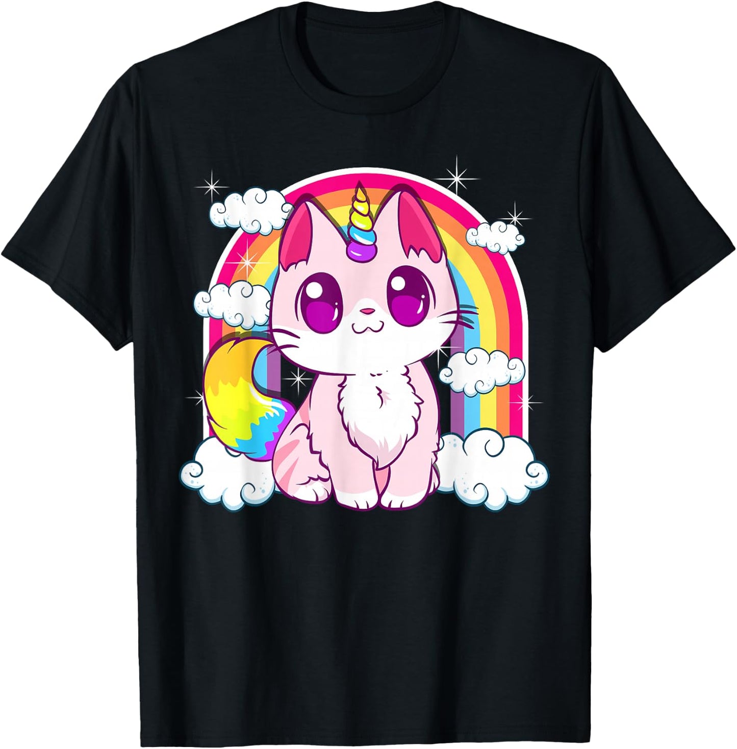 Cute Unicorn Cat Adorable Smiling Rainbow Kitty T-Shirt - T-Shirt | Black