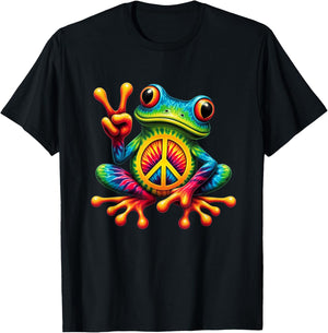 Tie-Dye Frog Holding Peace Sign Funny Hippie T-Shirt - T-Shirt | Black