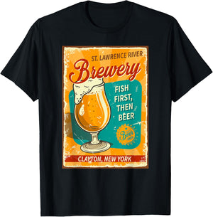 St. Lawrence River Brewery Fish First, Then Beer Clayton NY T-Shirt - T-Shirt | Black