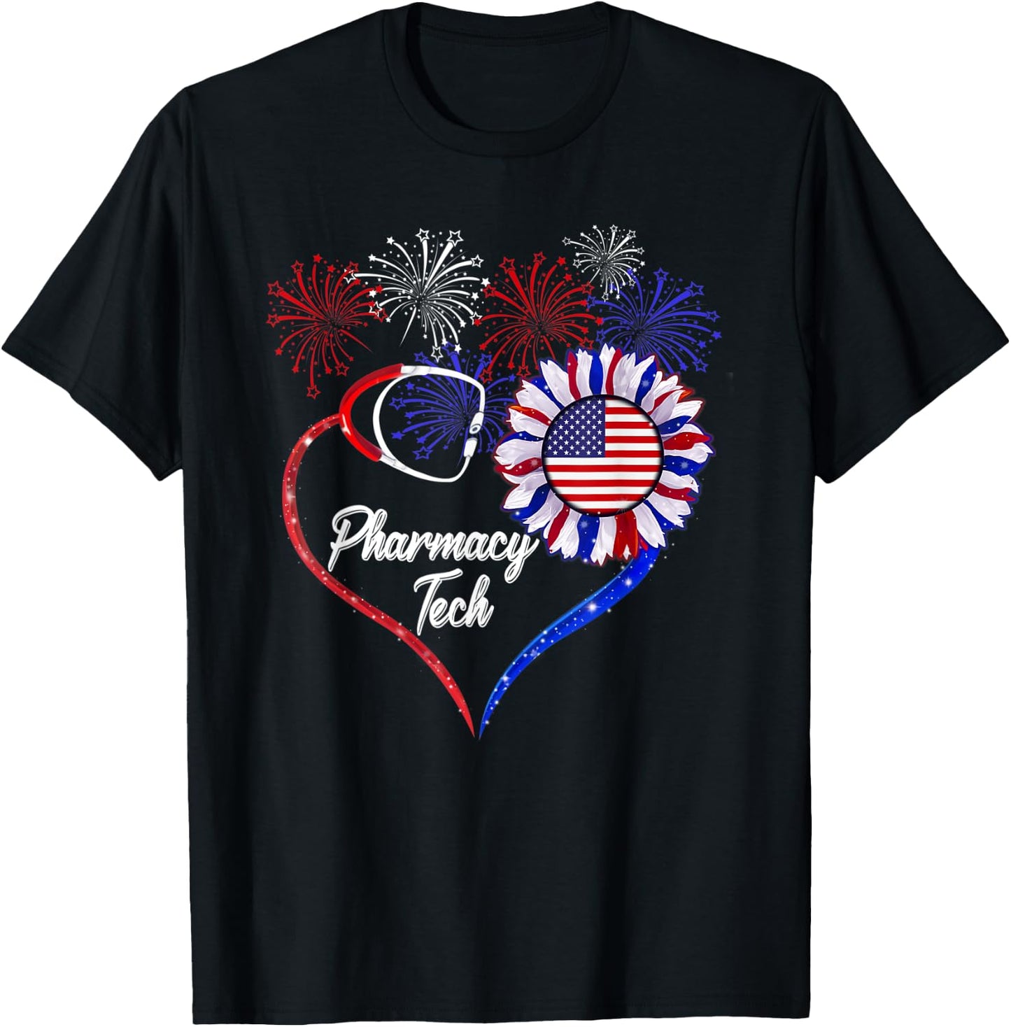 Patriotic Pharmacy Tech Sunflower 4th Of July American Flag Men T-Shirt - T-Shirt | Black