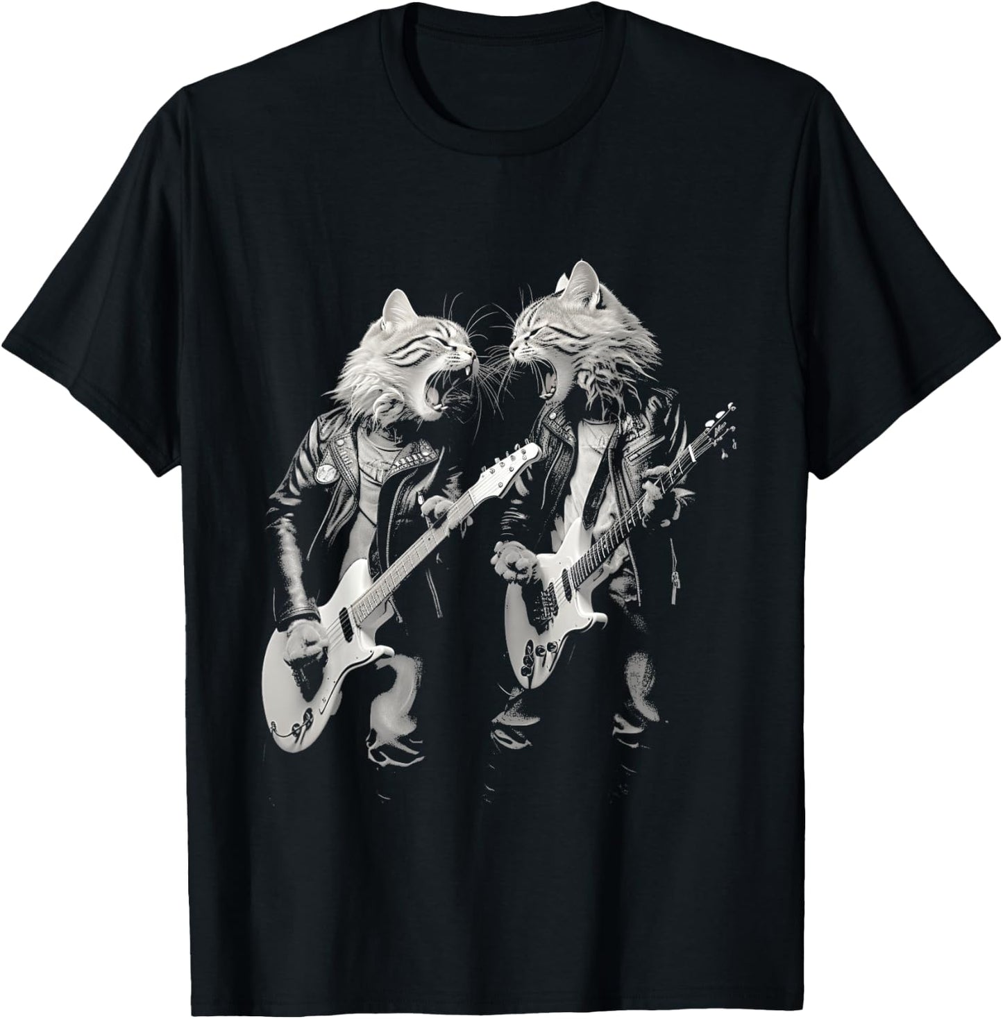 Rock Cat Playing Guitar Funny Guitar Cat Design T-Shirt - T-Shirt | Black