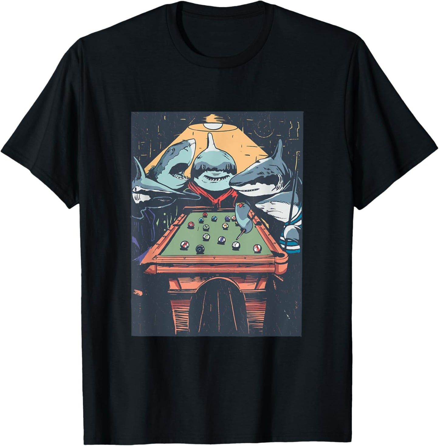 Sharks Playing Pool Billiard Funny Cartoon Animal Graphic T-Shirt - T-Shirt | Black