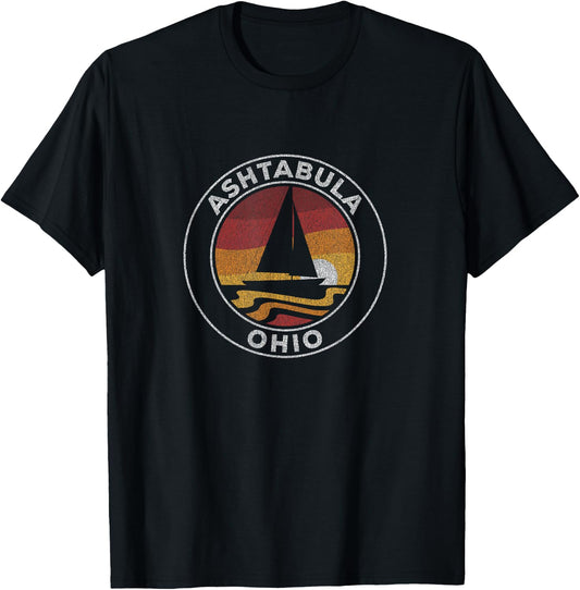 Ashtabula Ohio Vintage Sailboat 70s Retro Sunset T-Shirt - T-Shirt | Black