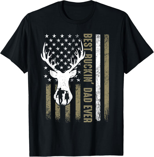 Best Buckin' Dad Ever Deer Hunting Fathers Day American Flag Men T-Shirt - T-Shirt | Black