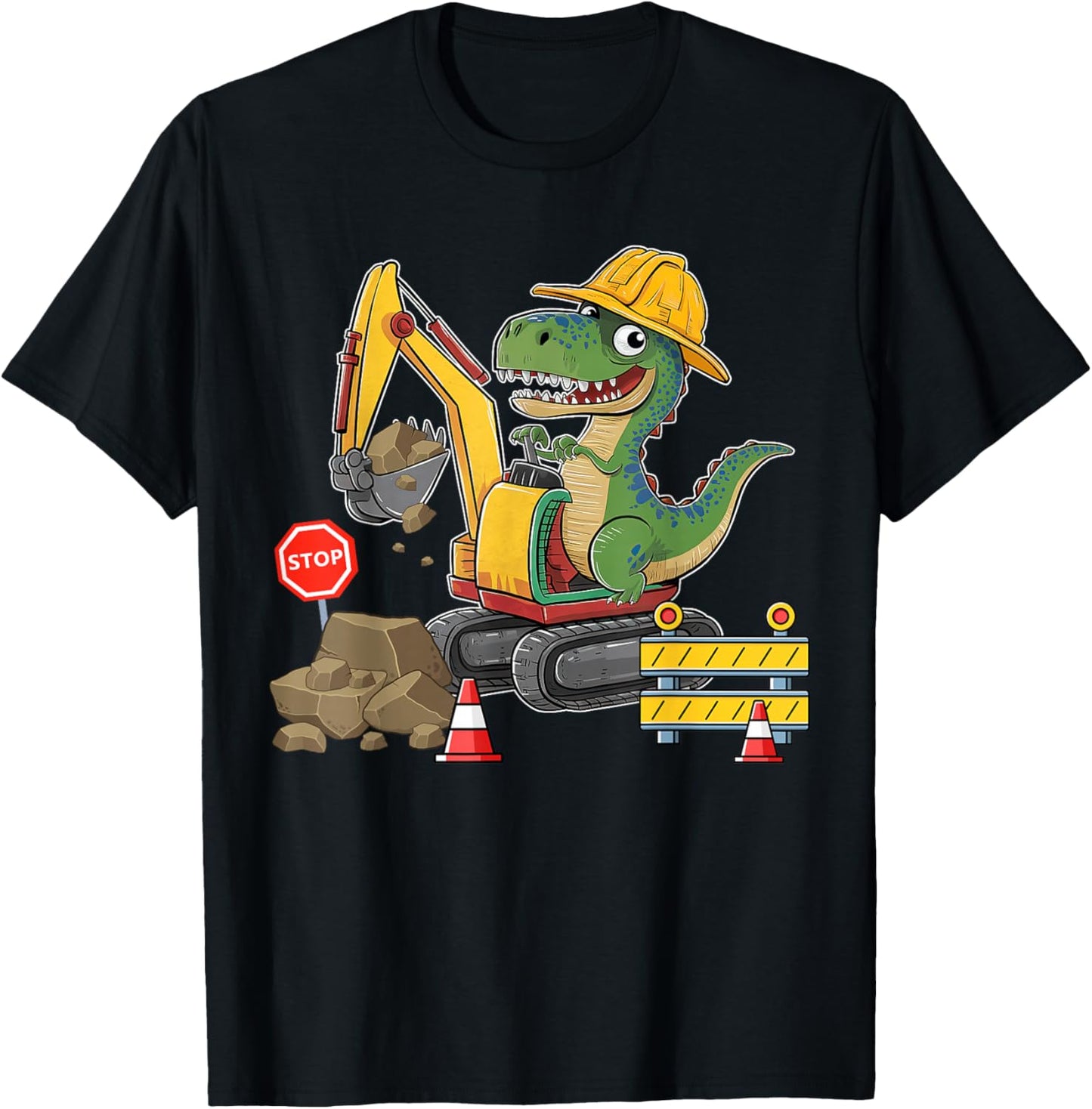 Dinosaur Construction Worker Excavator Truck Kids Boy Girl T-Shirt - T-Shirt | Black