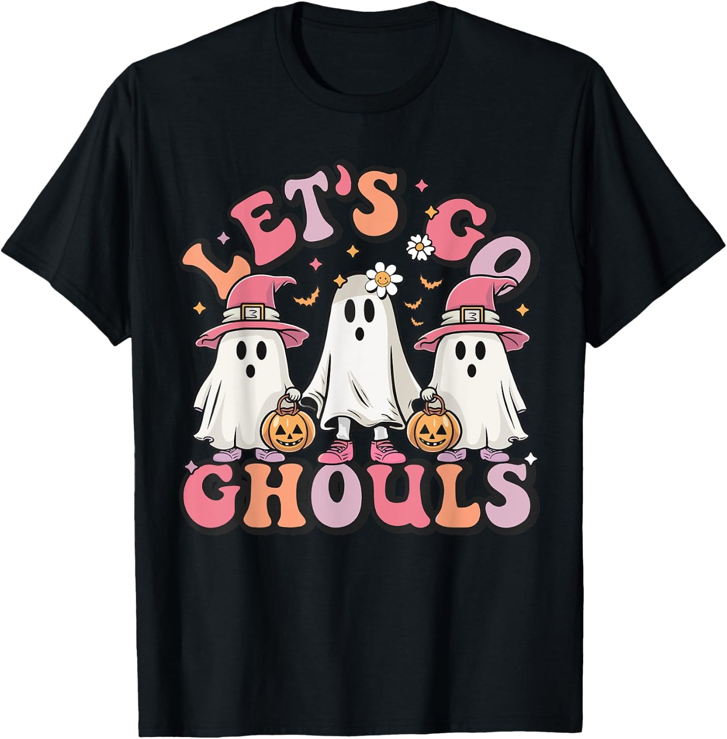 Women Let's Go Ghouls Halloween Ghost Costume Retro Groovy T-Shirt - T-Shirt | Black