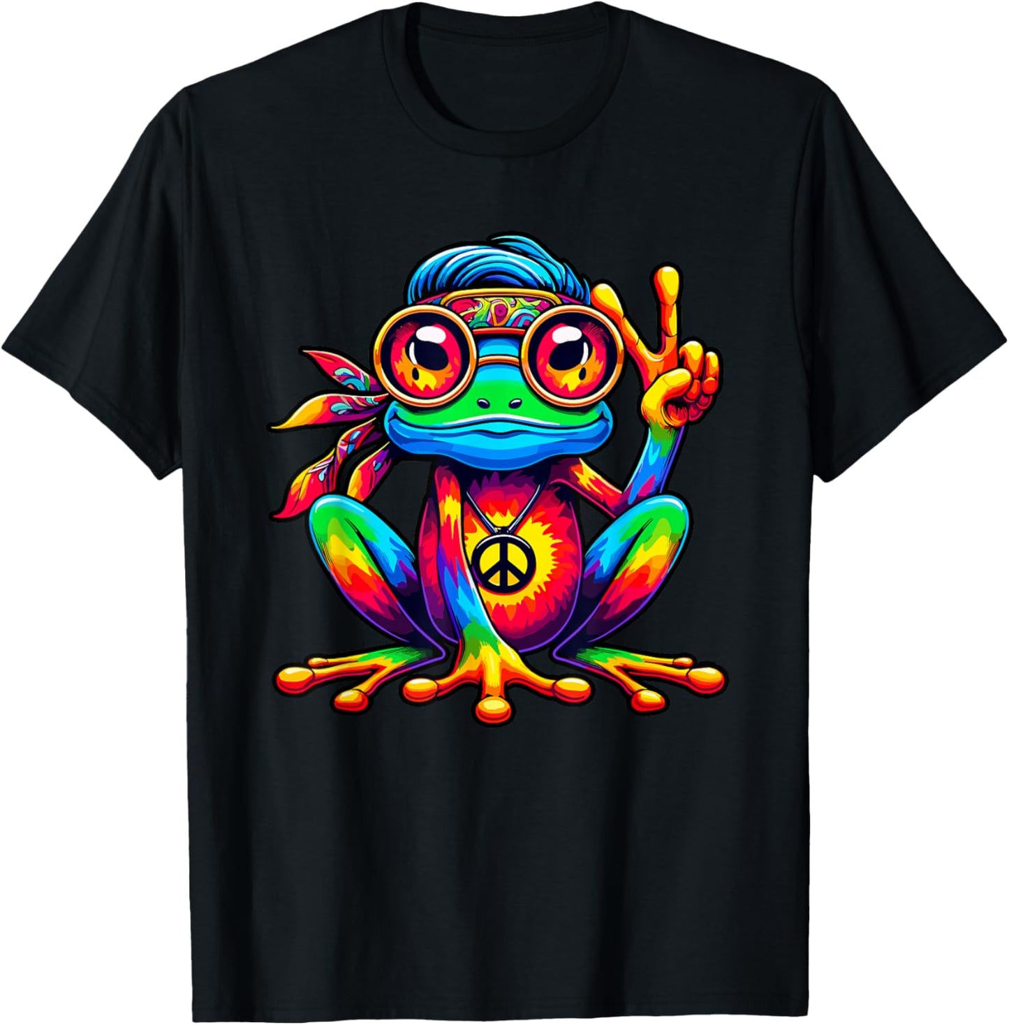 Tie-Dye Hippie Frog, Peace Sign, 70s Party & 60s Costume T-Shirt - T-Shirt | Black