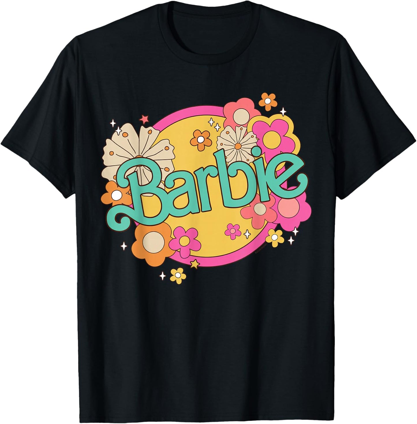 Barbie Retro Logo with Flowers T-Shirt - T-Shirt | Black