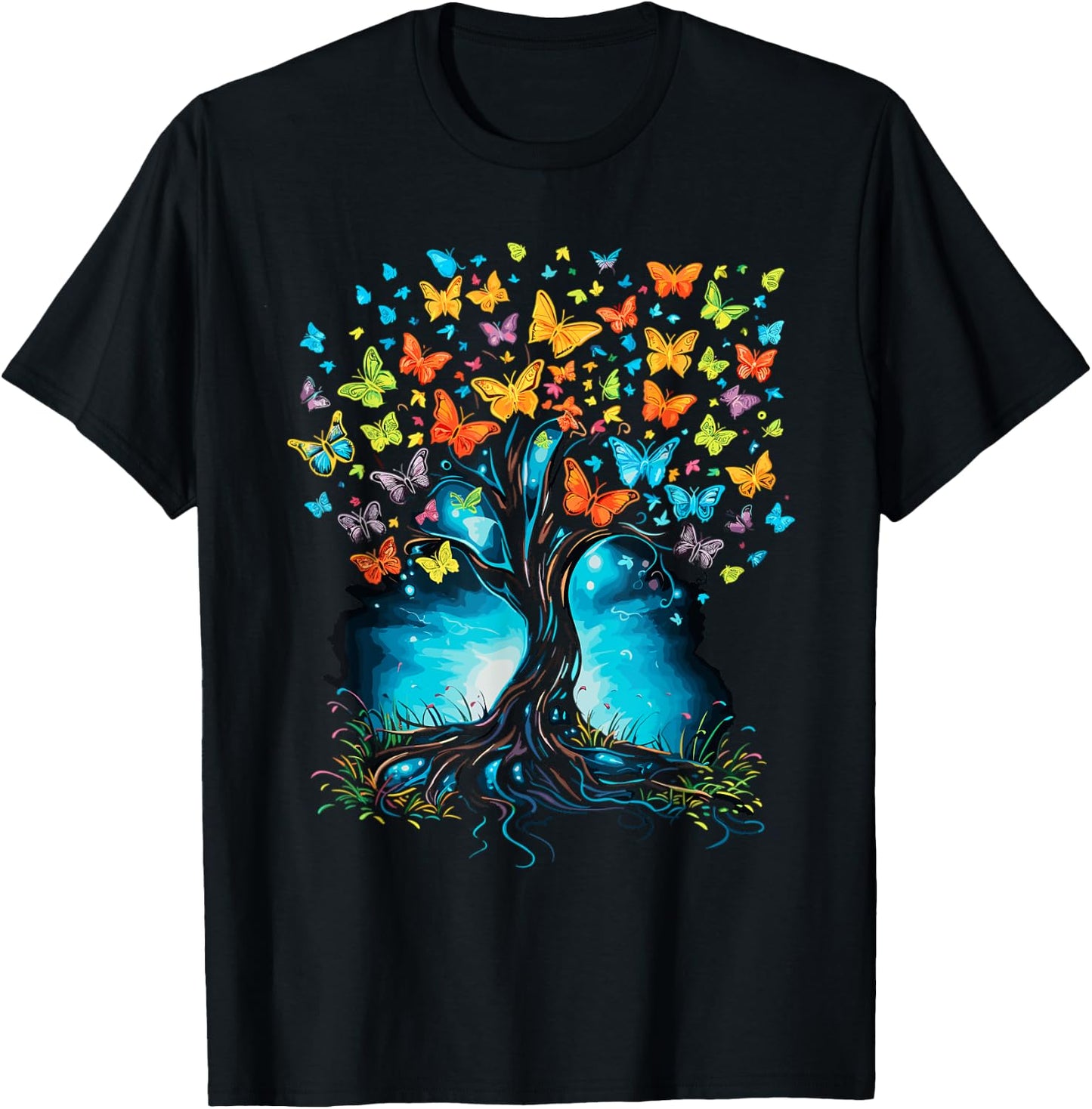 Butterfly Tree Beautiful Butterflies Garden Colorful T-Shirt - T-Shirt | Black