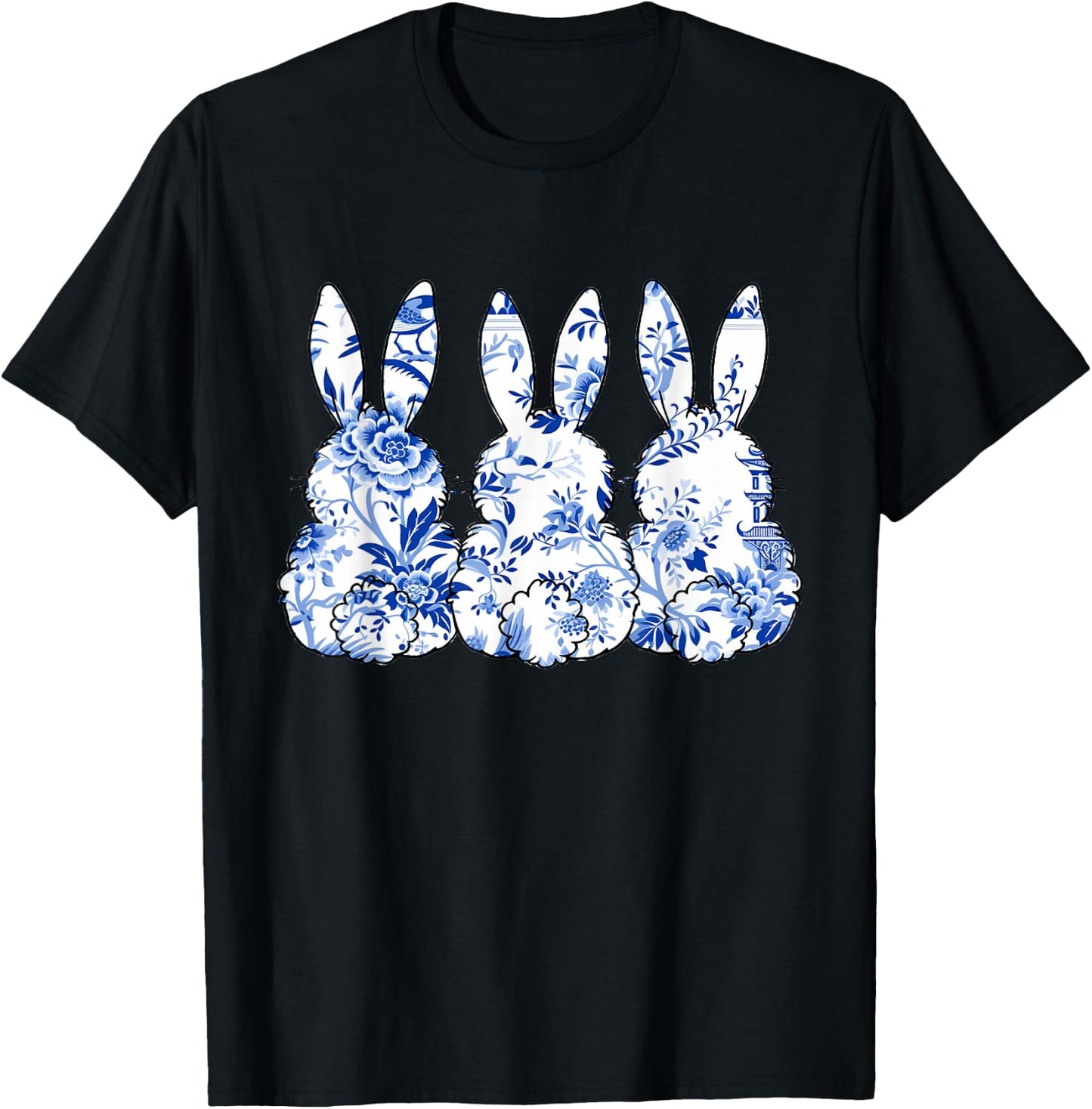 Chinoiserie Bunnies Blue and White Chinoiserie Florals women T-Shirt - T-Shirt | Black
