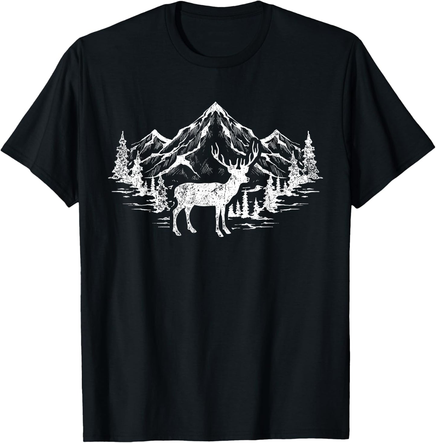 Outdoor Forest Animal Wildlife Mountains Nature Trees Deer T-Shirt - T-Shirt | Black